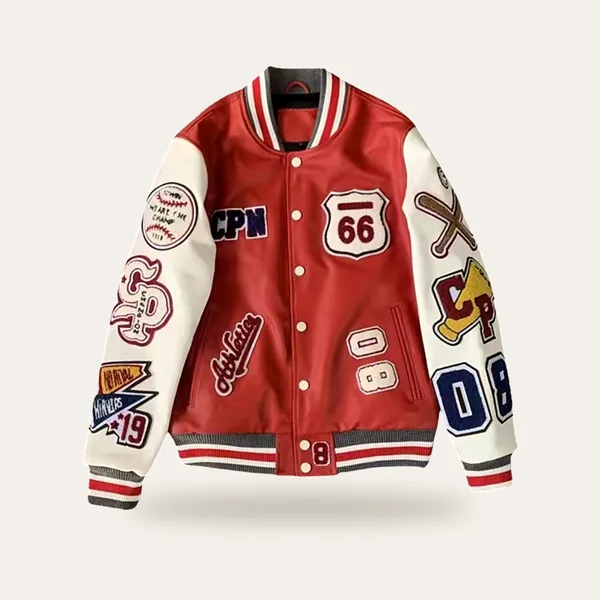 Bomber en cuir PU brodé, coloris rouge