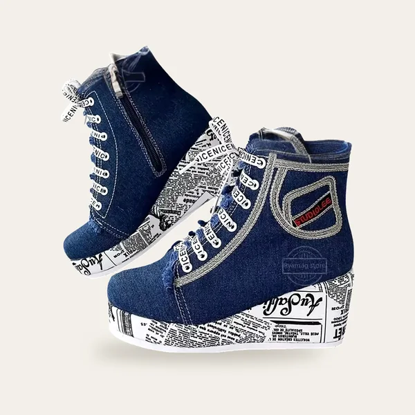 Boots plateforme à lacets, coloris bleu marine