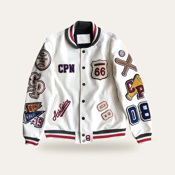 Veste Varsity en cuir PU, coloris blanc